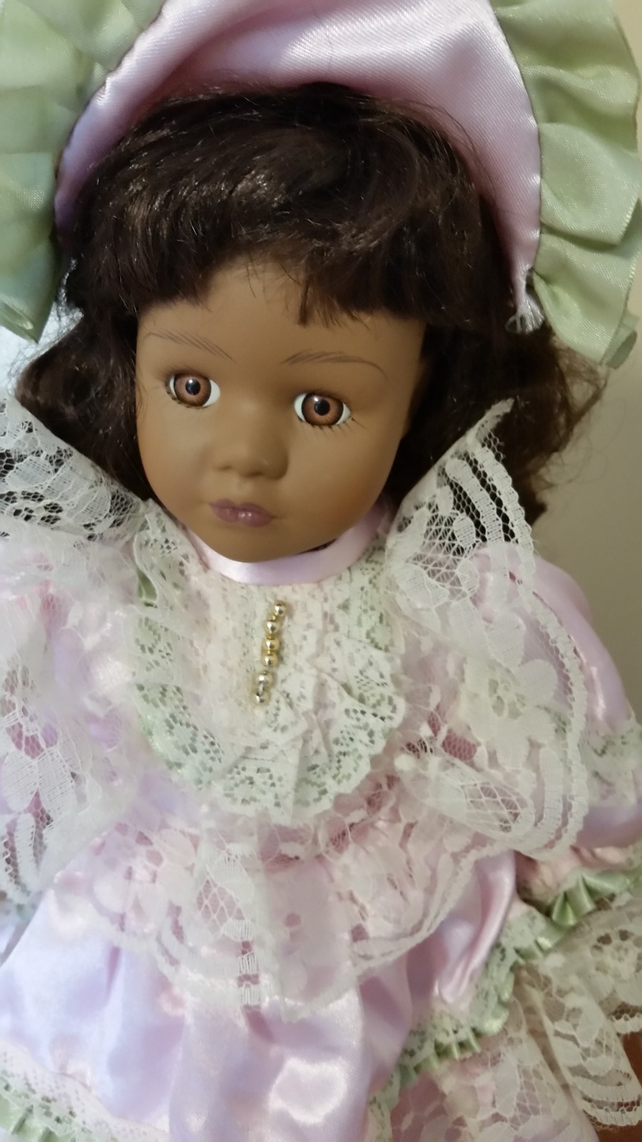 Seymour Mann Connoisseur Doll Joella 1997 -Brown Skin/Pink Dress w/Bonnet