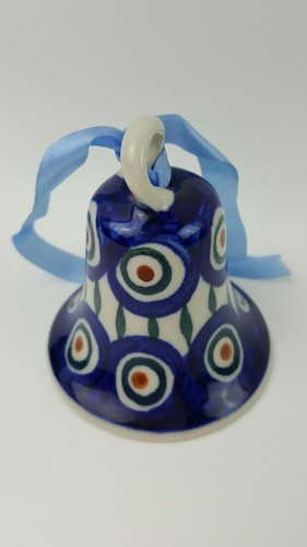 Boleslawiec Polish Pottery Bell Peacock Pattern HTF Rare Christmas 2.5 inch