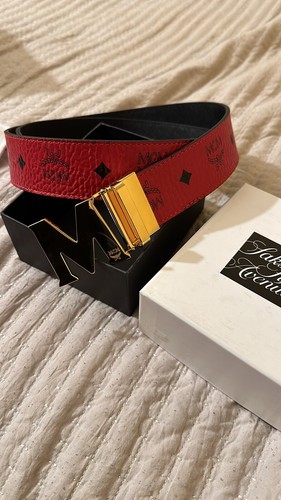 NEW ADJUSTABLE REVERSIBLE RED TO BLACK MCM BELT GOLD BUCKLE