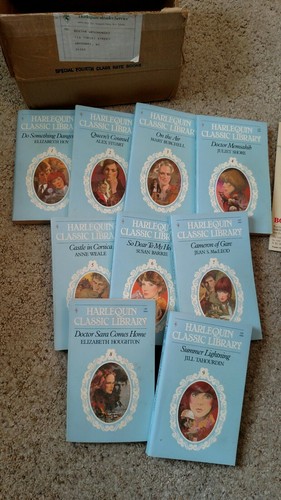 Vintage Harlequin Classic Library Romance Books 1-9 in mailing box w Papers