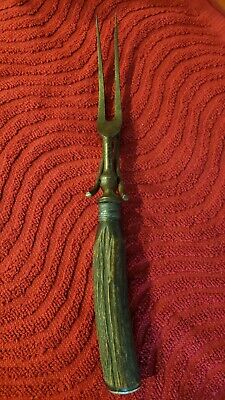 Antique Meat Fork Pivoting Stand Antler Handle 