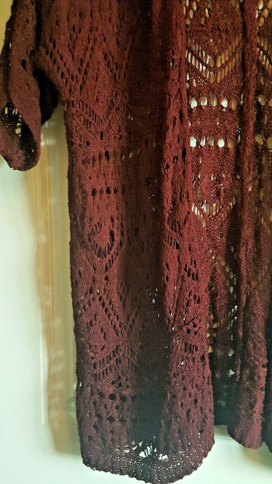 PaperMoon Loose Knit Long Open Front Sweater,Batwing Sleeve 3/4,Burgundy Red, L