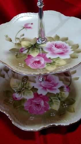 Vintage Lefton China 2 Tiered Tidbit Tray Server Hand Painted Pink Roses