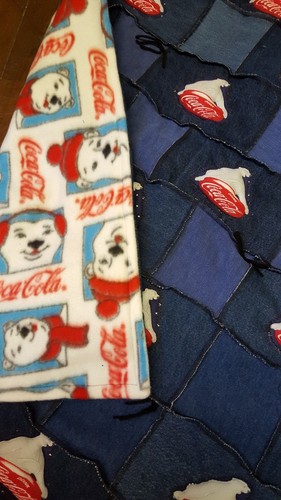 Quilt - throw size 2' x 4' - Denim & Fleece - Coca Cola Bear Theme Recycled jean