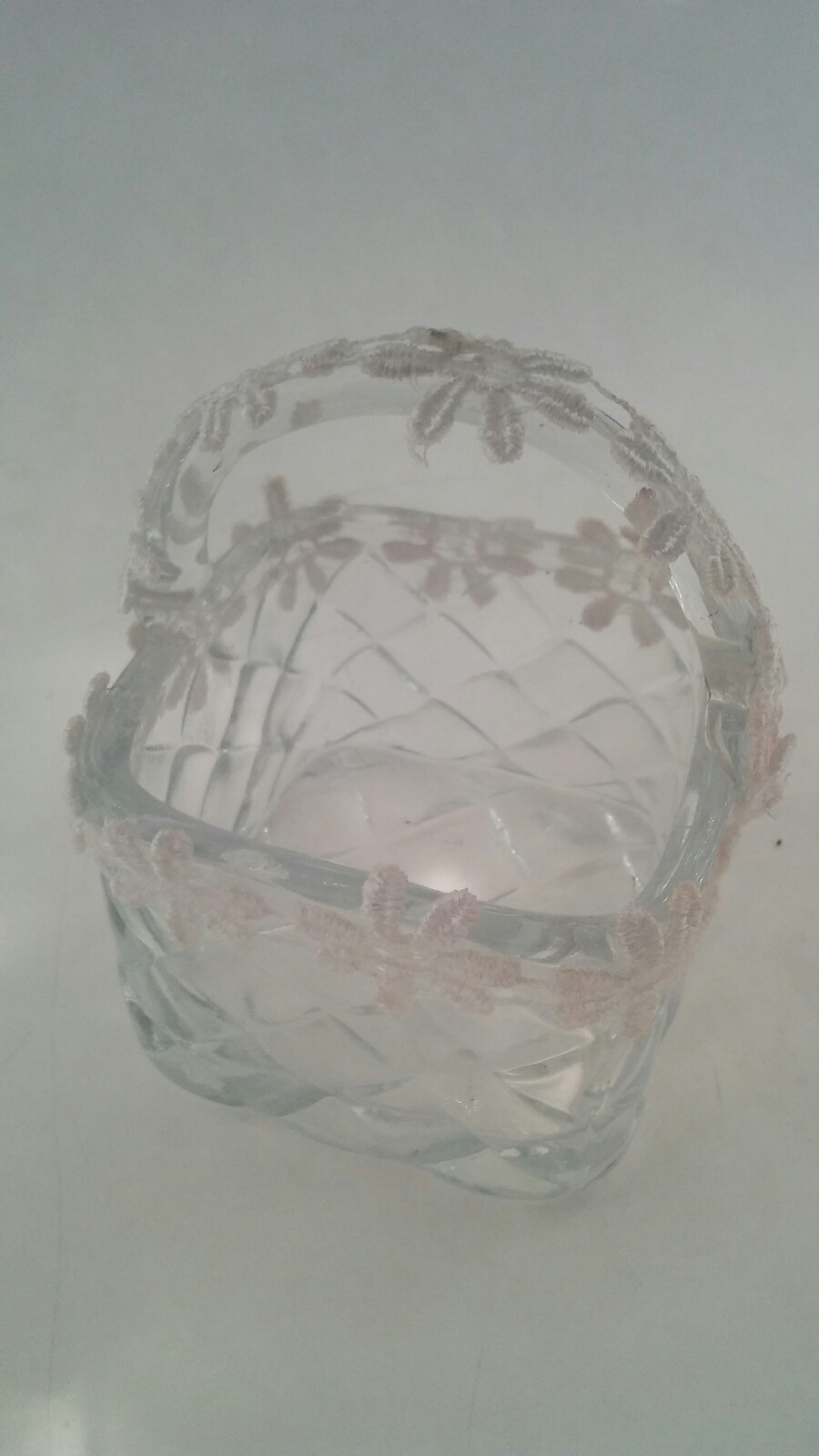 Glass Basket trimmed in lace flowers