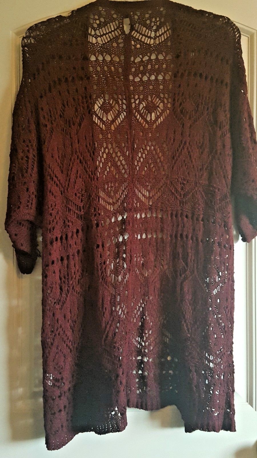 PaperMoon Loose Knit Long Open Front Sweater,Batwing Sleeve 3/4,Burgundy Red, L