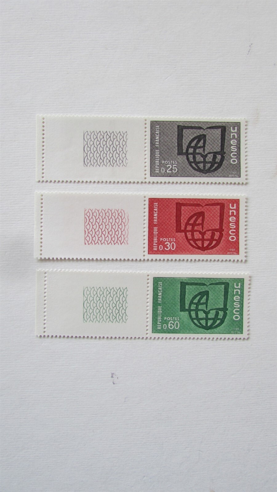 FRANCE UNESCO SCOTT 206 TO 208 LEFT TAB SINGLES (3) MNH 1966