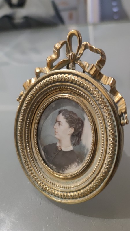 Rare Peinture Miniature Portrait D'Une Femme Noble Cadre Bronze DorÃ© ÃPoque...