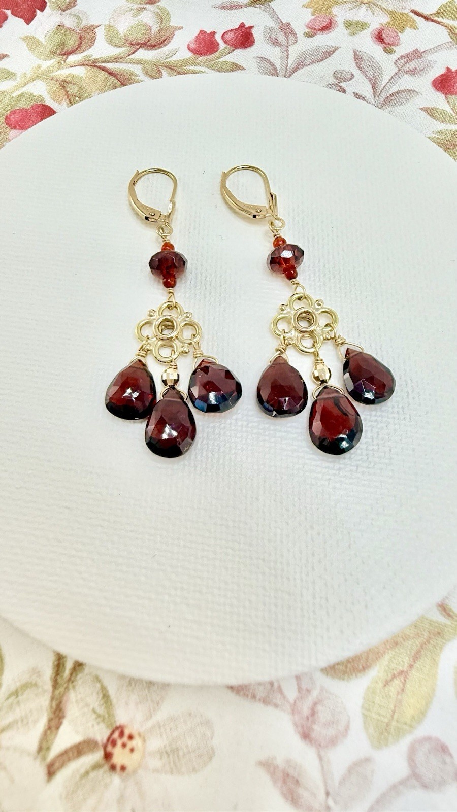 14k Yellow Gold Genuine Garnet Chandelier Dangle/Drop Earrings, New, 2.10