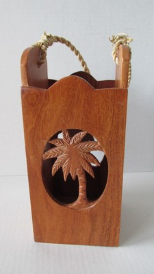 Wood Carved Palm Tree Wine Carrier Box ~ 9.25