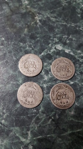 Barber dimes, lot of 4, (10c) P 1903, 1904, 1905, 1908, circulated, ungraded