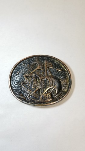 Vintage Old Sailing Ship Boat Solid Brass Belt Buckle Ocean Water Oval Nautical