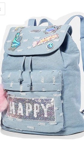 Justice Backpack Rucksack Flip Sequin Happy/Smile Denim Brand W/ Pink Pom Pom
