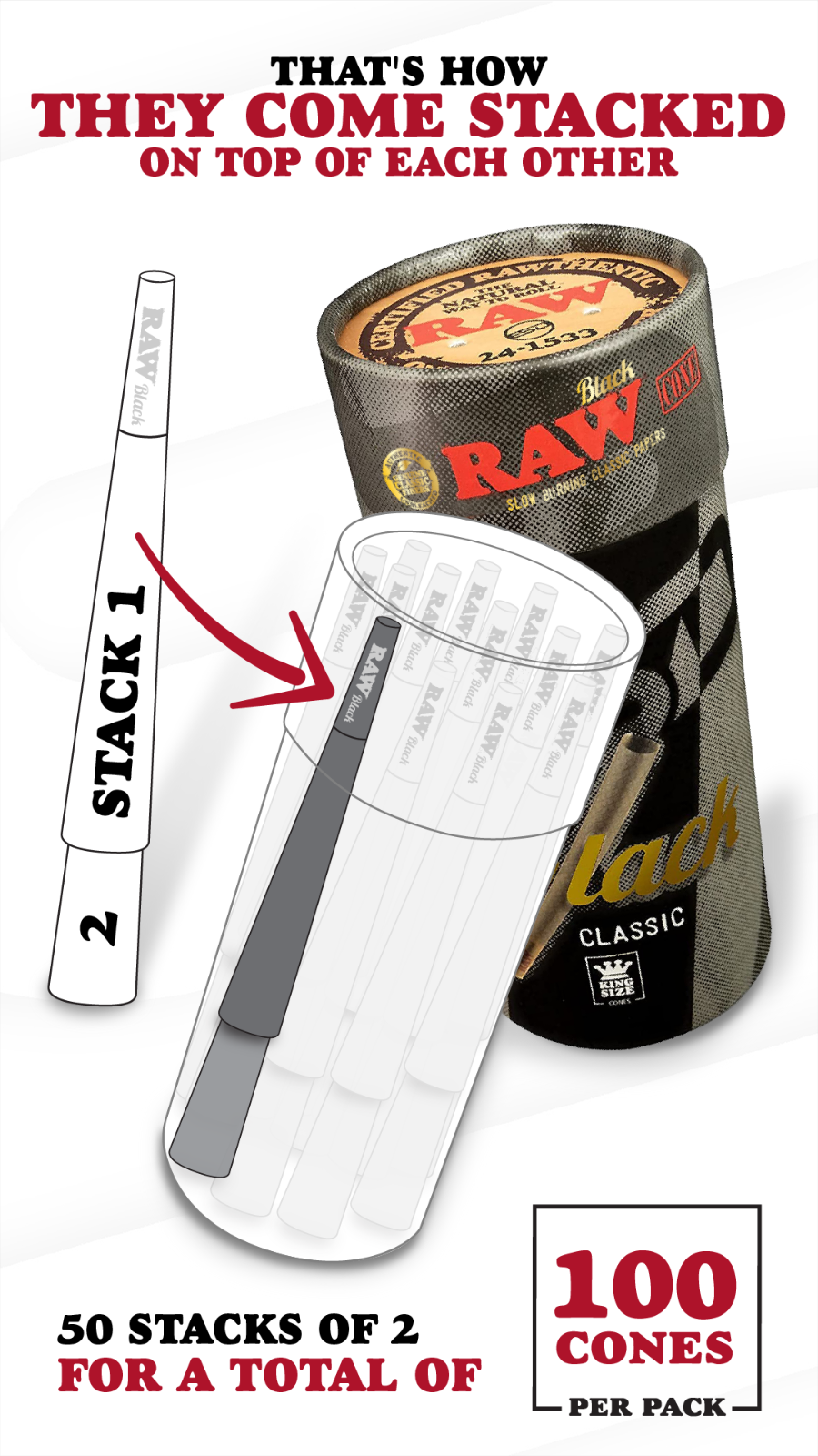 RAW Black 1-1/4 Size Cones | 100 Pack | Ultra-Thin Rolling Paper with Tips