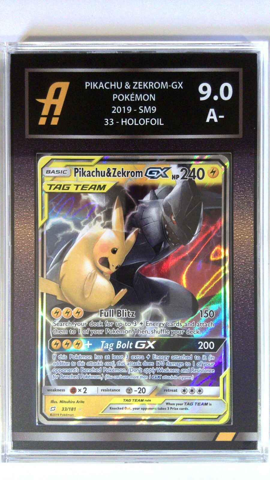 Pokemon Card Pikachu _ Zekrom GX Team Up Graded Ambr 9.0