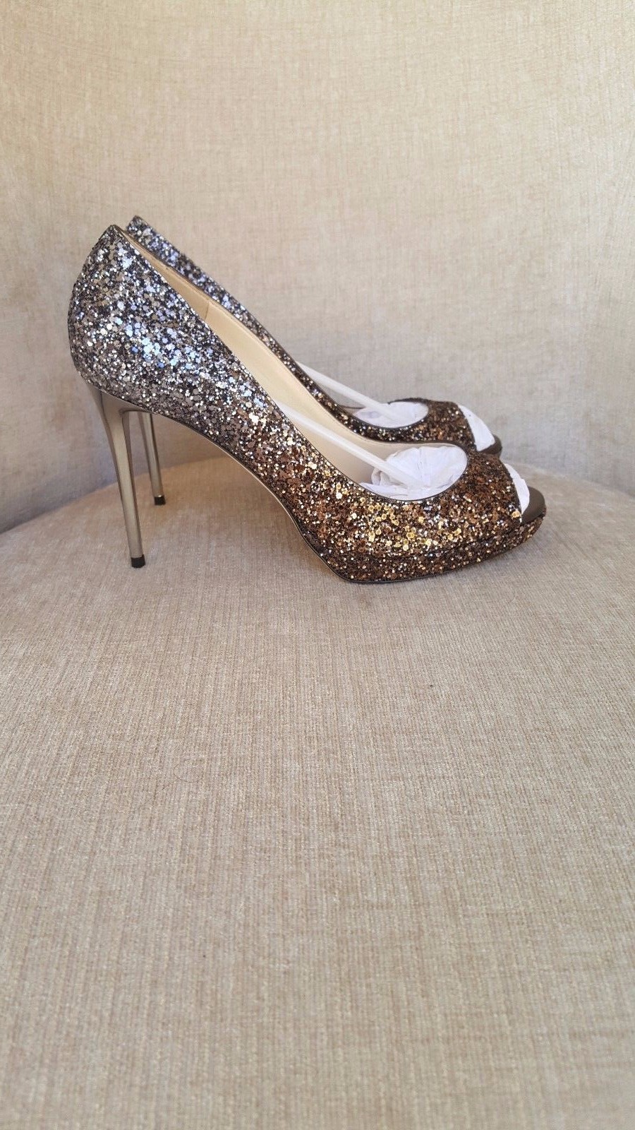 Pre-owned Jimmy Choo Bronze Anthracite Glitter 'luna 100' Pumps Authentic Msrp $825 In Gold