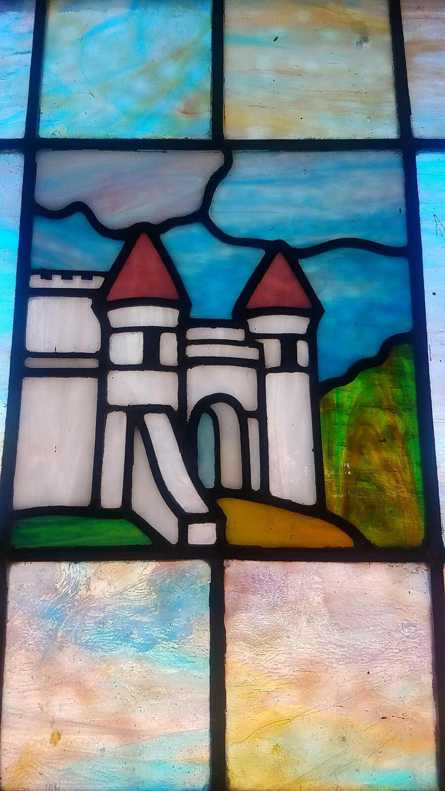 ANTIQUE STAINED GLASS WINDOW WITH CASTLE 26 BY 39