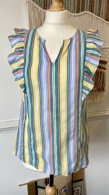   BNWT TU Multicoloured Striped Frill Sleeveless 100% Cotton Top Size 8 Summer