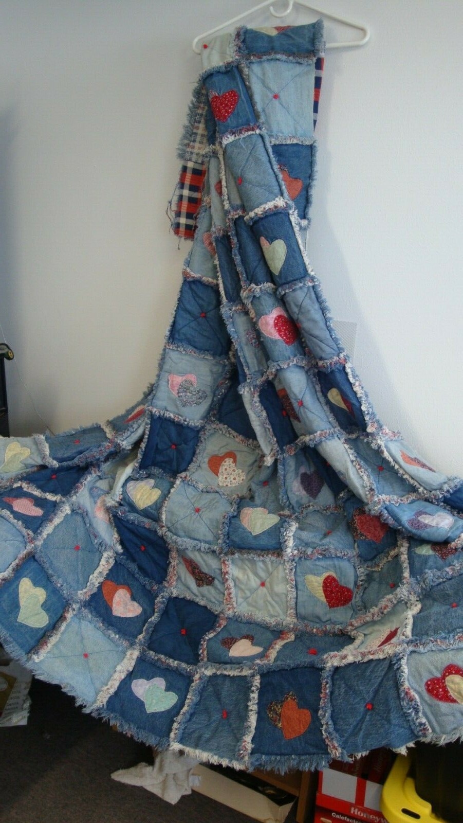 Vintage Denim Flannel Quilt Rag Quilt Handmade Blanket Applique 90