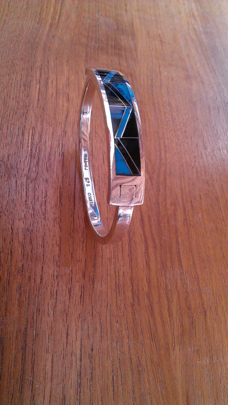 Taxco Sterling Silver Turquoise / Onyx Inlay Hinged Bracelet ~ 33.8 Grams