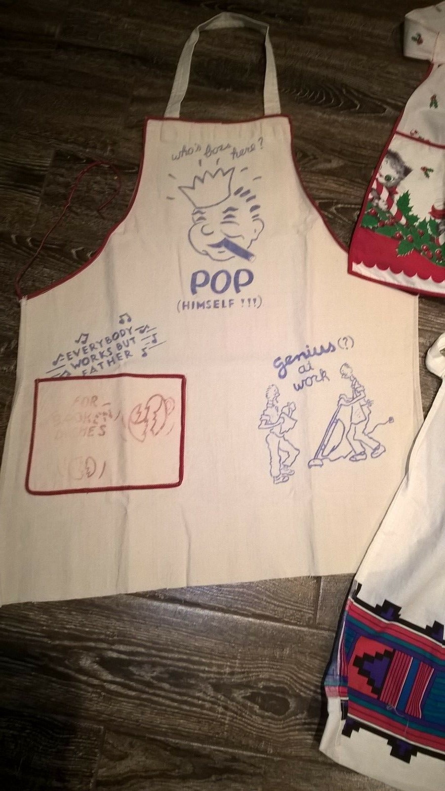 3 Vintage Aprons Kittens & Candy Canes Christmas, Geometric Design, Man's Comedy