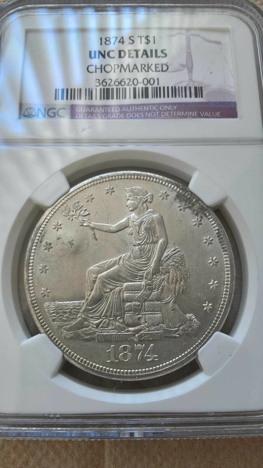 1874-S T$1 Trade Dollar NGC with Great Cartwheel Luster UNC Details Chopmarks