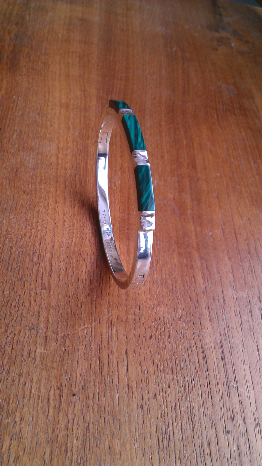 Taxco Sterling Silver Malachite Inlay Hinged Bracelet ~ 29 Grams