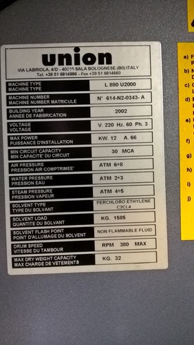 Union L880-U2000 80lbs Dry Cleaning Machine