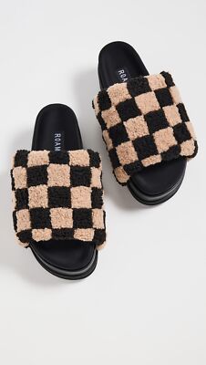 ROAM NIB $225 Fuzzy Black & Beige Faux Shearling Checker Stack Platform Slide 11