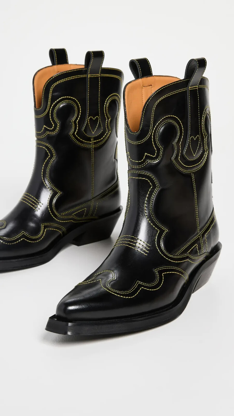 Pre-owned Ganni Low Shaft Embroidered Western Boots - Black/yellow ( Origin $595 )