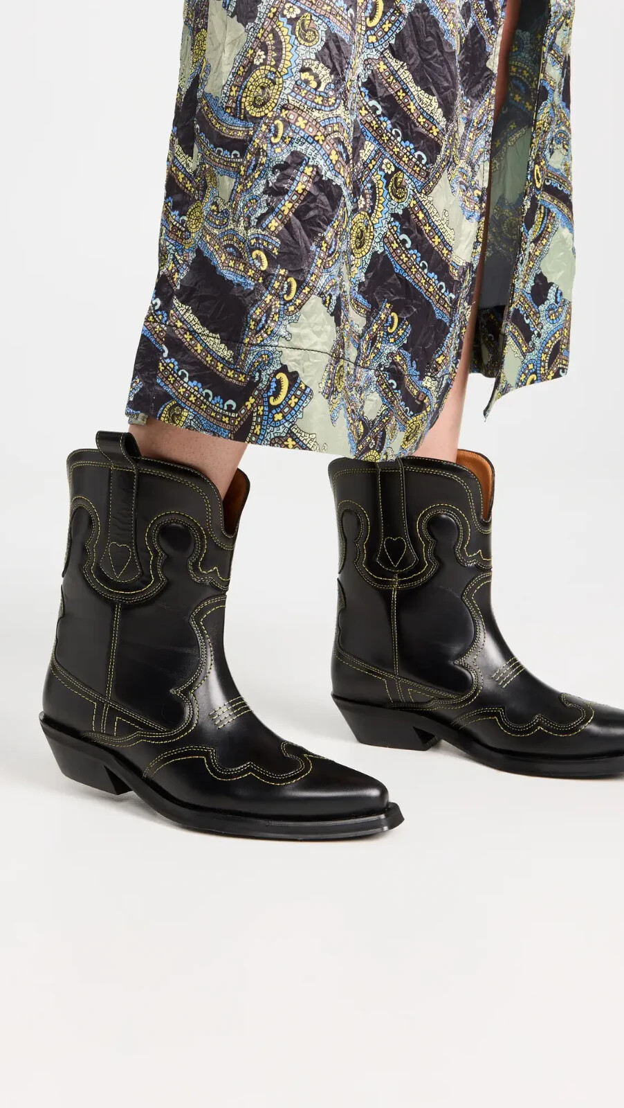 Pre-owned Ganni Low Shaft Embroidered Western Boots - Black/yellow ( Origin $595 )