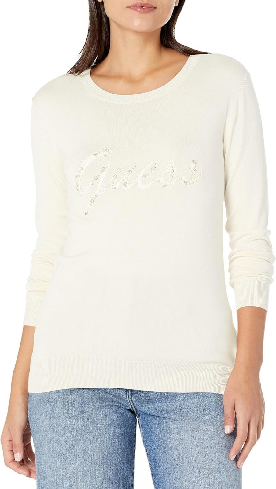 GUESS Women's Liliane Long Sleeve Sweater – Rhinestone Embroidered Logo, Ribbed Trim - View #2