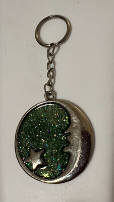 Vintage Half Moon Night Sky Silver Green Pendant Keychain Gift Key Chain