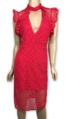 Alexis 'Halley' Dress Red Lace Ruffled Cap Sleeve Sz S V-Neckline w Choke Collar