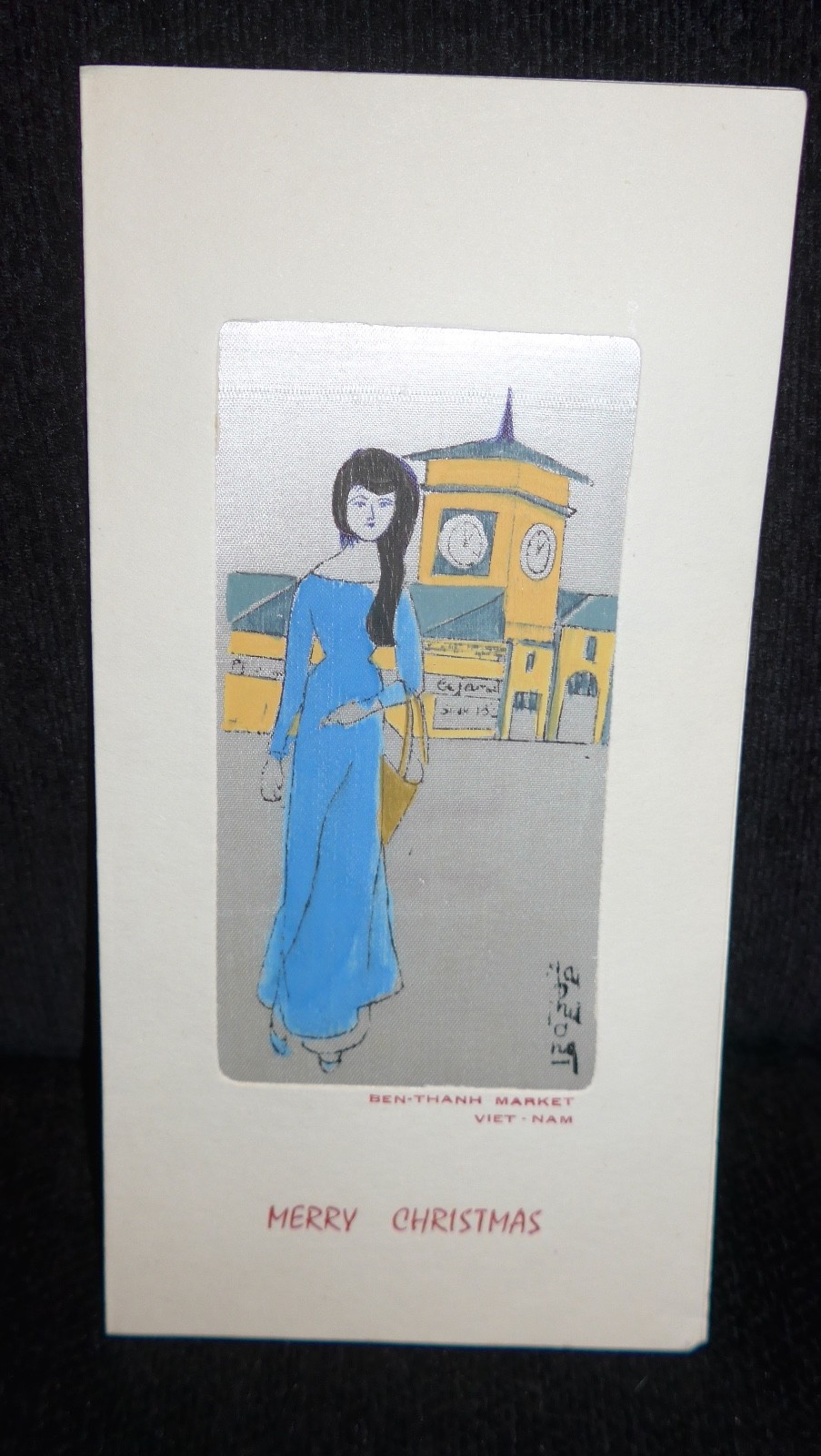 2 Vintage 1969 VIETNAM WAR ERA Hand SILK Painted Pictures VIETNAM Christmas Card