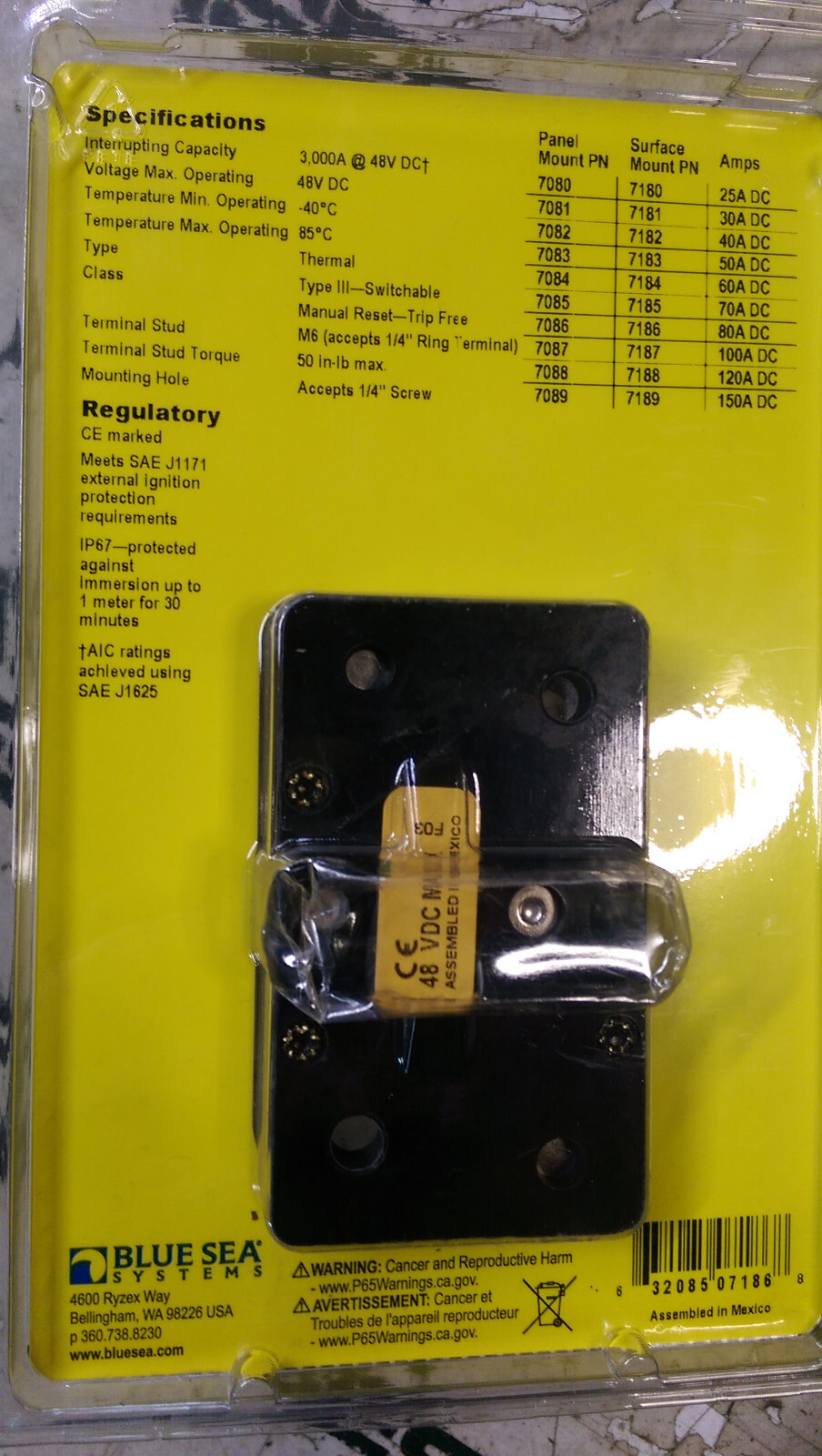 Blue Sea 80a Circuit Breaker Surface-Mount 285 Series 7186 - Picture 2 of 2