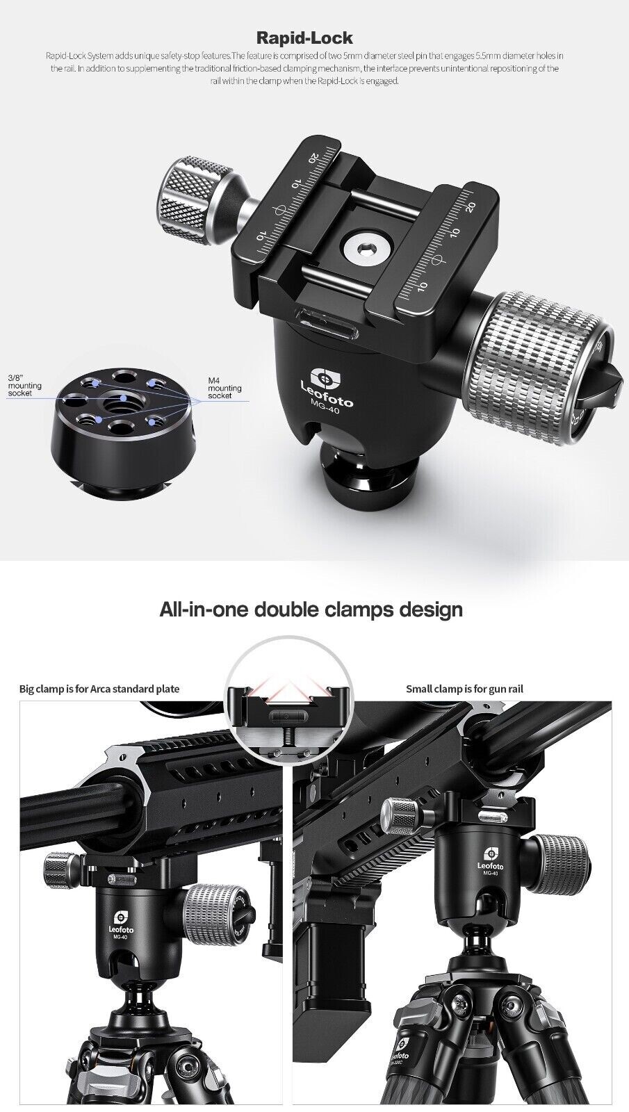 Leofoto MG-40 40mm Rifle Ball Head With Dual Arca / Picatinny Clamp
