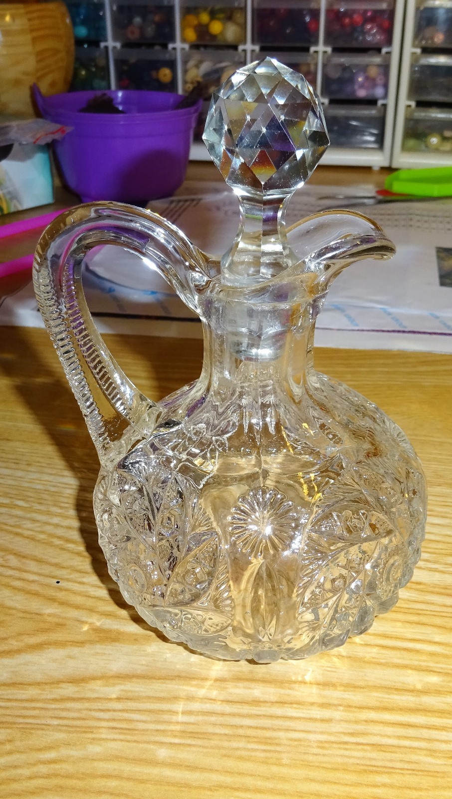Antique Vintage  Clear Cut Oil or Vinegar Cruet W/ stopper 5 1/2