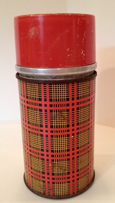 VTG Aladdin Metal Thermos Red Scotch Plaid Tartan Vinyl Picnic Lunch Bag Case
