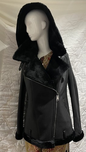 Pre-owned Leather In Handz Women B3 100% Real Aviator Shearling Leather Bomber Jacket With Removeable Hood In Black