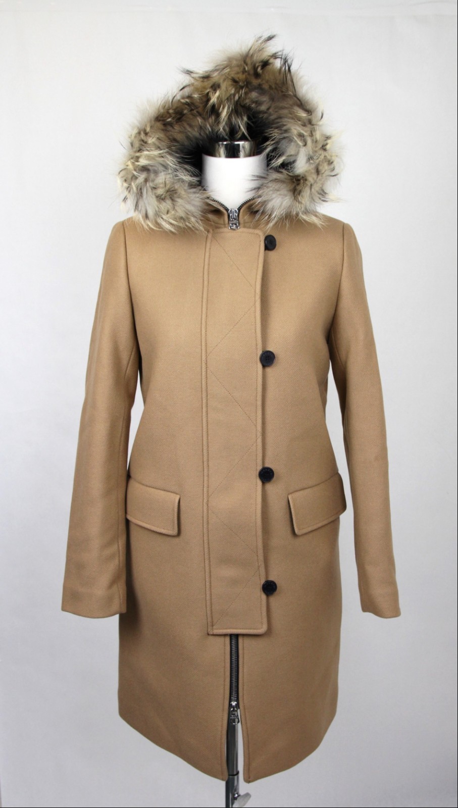 Pre-owned Sandro $905  Women's Kurt Camel Wool Coat With Fur Trim Hood 4 Buttons H17 In Beige