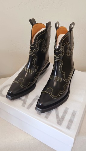 Pre-owned Ganni Low Shaft Embroidered Western Boots - Black/yellow ( Origin $595 )