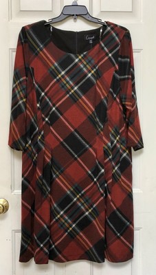 Connected Apparel Womens Dress Plus Size 20W Plaid 3/4 Sleeve Crew Neck Wine