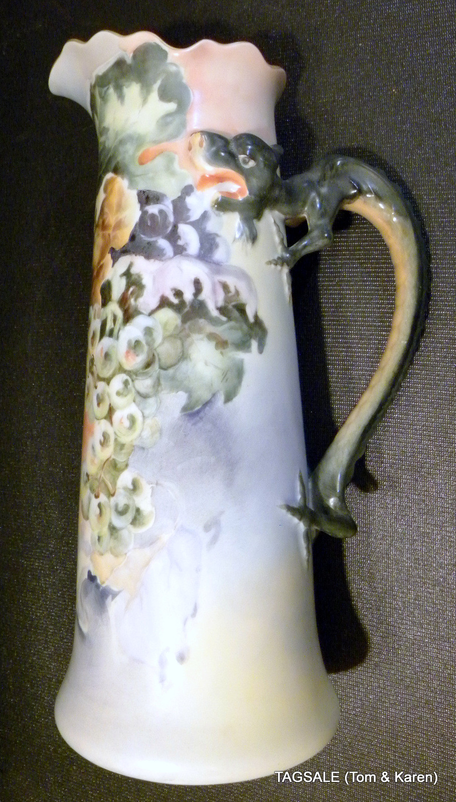 Antique.LimogesTankard 4 Mugs Jean Pouyat France Signed Grapes Black Dragon 15”