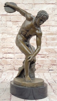 Signed Myron Bronze Sculpture Nude Man Throwing Disk THE DISCUS THROWER DECOR