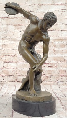 Signed Myron Bronze Sculpture Nude Man Throwing Disk THE DISCUS THROWER
