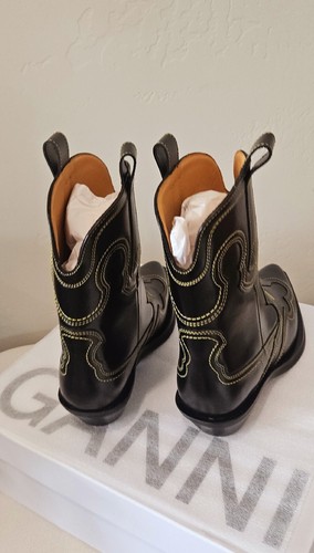 Pre-owned Ganni Low Shaft Embroidered Western Boots - Black/yellow ( Origin $595 )