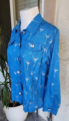 14 women Vicki Wayne Jacket Button Front Blue Silver Martini Drinks Print Jewels