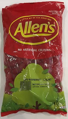 905919 1.3kg BULK BAG OF LOLLIES - ALLEN'S FAMOUS RIPE RASPBERRIES! - AUS MADE!!