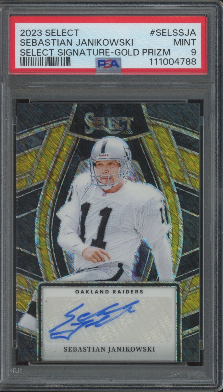 2023 Panini Select Gold Prizm Sebastian Janikowski 6/10 Auto Mint PSA 9
